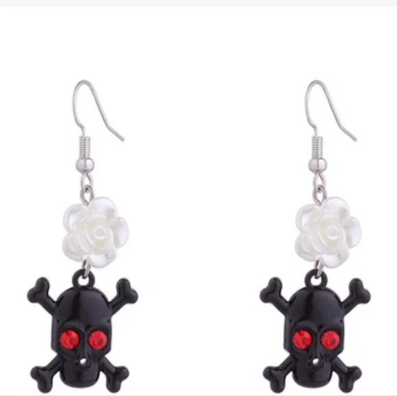 Skull & Crossbone Dangle Drop Earrings With Red Gems/Rinestones For Eyes - Picture 6 of 7